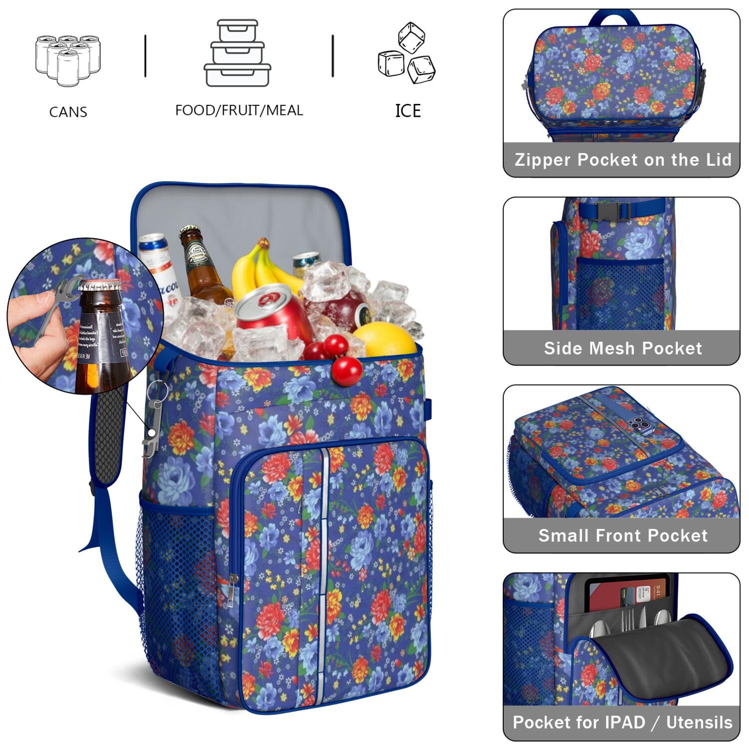 Travel Cooler Bag - Pioneer Flower Floral Print Pattern Camping Beer Cooler Backpack with Bottle Opener- Waterproof Insulated Picnic Backpacks - Cooler Bag for Beach