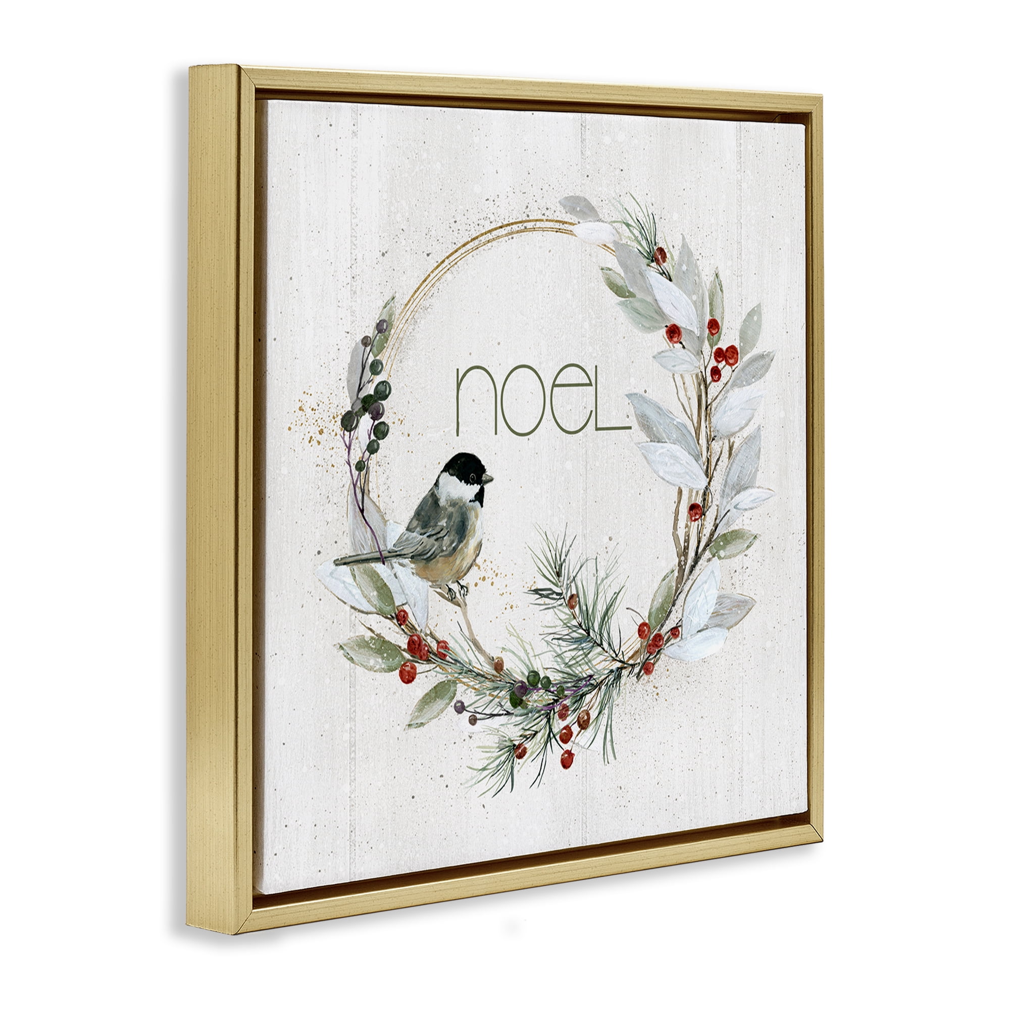 Stupell Industries Simple Noel Wreath Holiday Painting Gold Floater Framed Canvas Art Prints Wall Art, 25 x 25