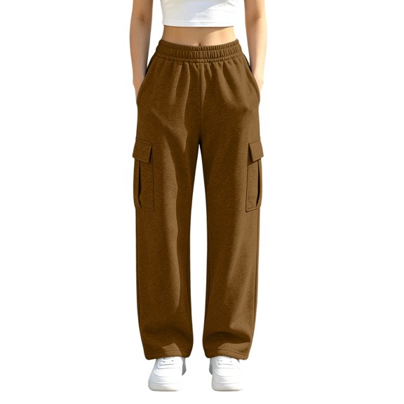 Naotn Straight Leg Sweatpants for Women Fall Casual Elastic Waist Sweat Pants Running Hiking Travel Pants with Cargo Pockets Brown XL