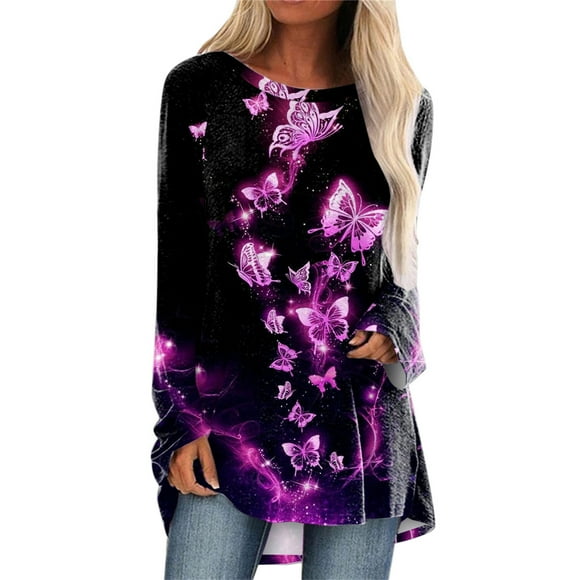 Betiyuaoe T-Shirts pour Femmes Hauts Décontractés Amples Confortables Imprimé Col Rond Manches Longues T-Shirt Haut