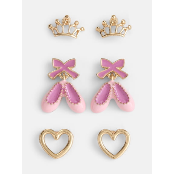 Wonder Nation Girls 3 Pairs Ballerina Earrings, Gold/Pink