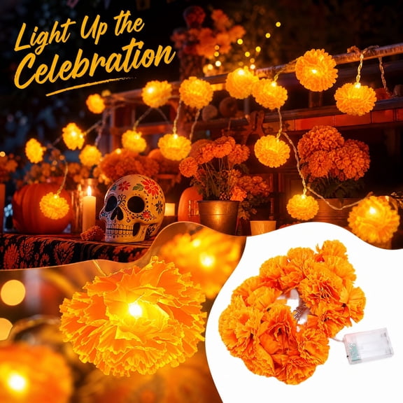 9.8 Ft Marigold LED String Lights, Battery Operated Waterproof Decorative Lights for Halloween Day of Dead Party, Mexico Flower for Home Garden Patio Indoor Outdoor, 20 Lights