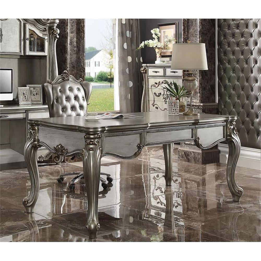 Bowery Hill Wooden Executive Writing Desk with 3 Drawers in Platinum Silver