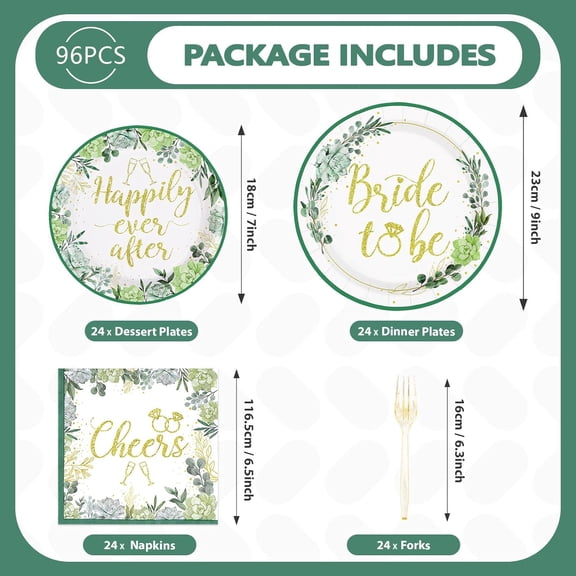 YUYAN-96Pcs Bridal Shower Party Supplies Sage Green Bride to Be Plates and Napkins Eucalyptus Leaves Tableware Sets Wedding Party Decorations for Engagement Bachelorette Miss to Mrs Party,Serves 24