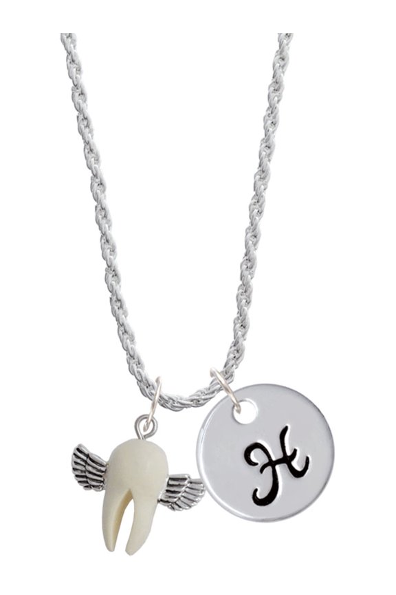 White Tooth with Wings - Tooth Fairy Silvertone Script Initial Disc - H - Charm Necklace, 20"+3"