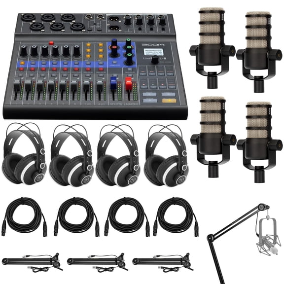 Zoom LiveTrak L-8 Mixer Bundle with 4x Rode Pod Mics with Desk Arm Stand, 4x Headphones, Includes Headphones