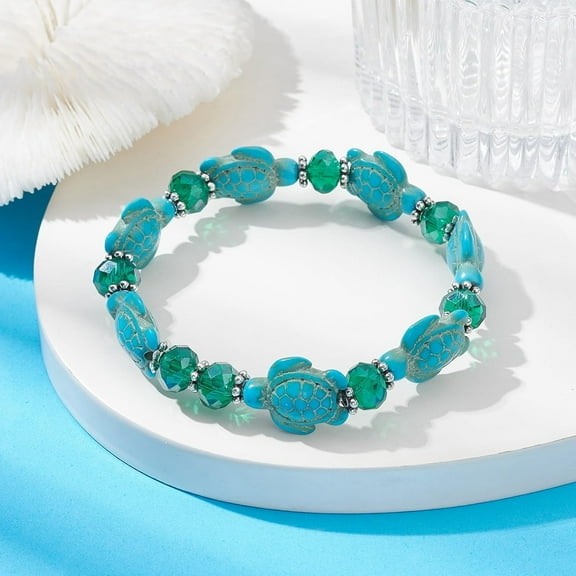 Synthetic Turquoise Turtle & Glass Beaded Stretch Bracelet Inner Diameter: 2-1/4 inch(5.7cm)