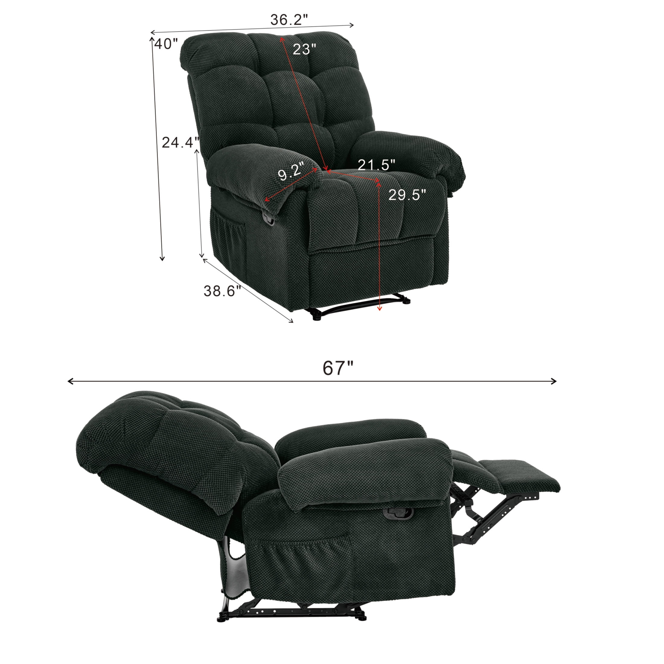 Noble House Manual Recliner Chair, Overstuffed Fabric Armchair with Padded Footrest, Dark Gray