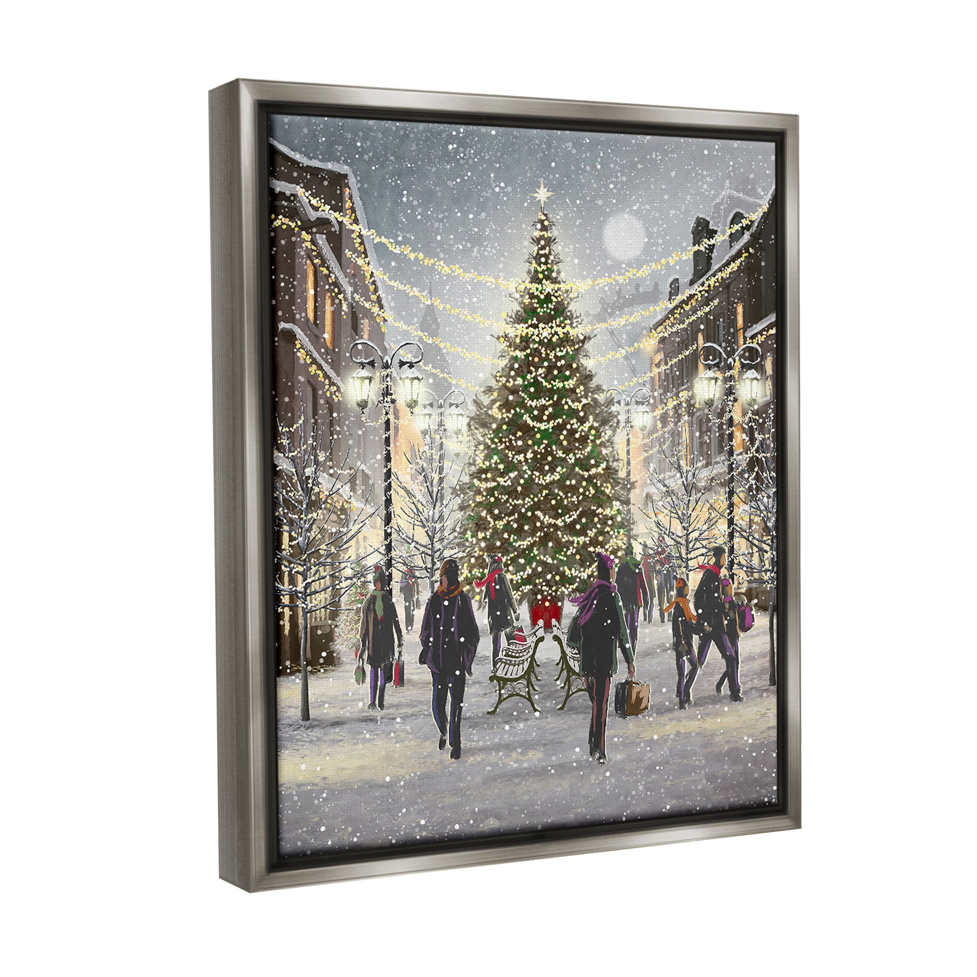 Stupell Industries Town Christmas Tree Holiday Painting Gray Floater Framed Canvas Art Print Wall Art, 25 x 31