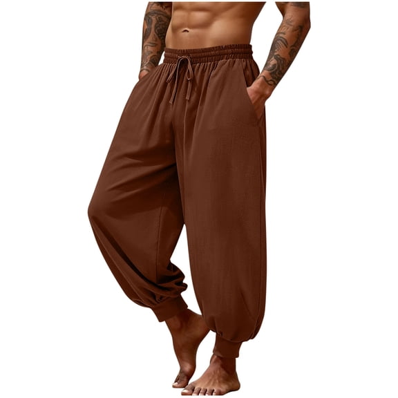 Cmfcve Mens Harem Pants Casual Elastic Waist Drawstring Baggy Hippie Trousers Cotton Linen Summer Boho Beach Pants