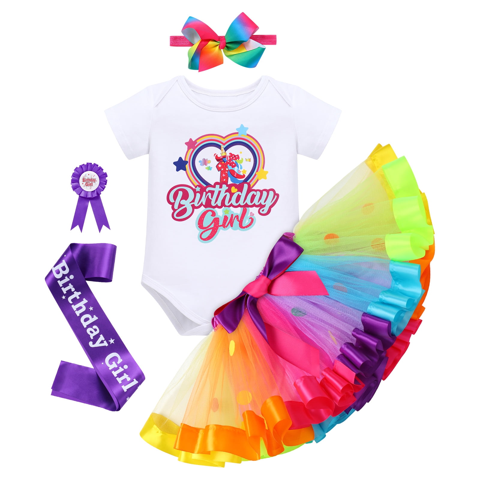 IBTOM CASTLE Toddler Baby Girl Unicorn 1st 2nd 3rd Birthday Outfit Romper + Rainbow Tutu Skirt + Headband + Sash + Badge 5PCS Princess Dress up Clothes Set for Cake Smash Photo Shoot