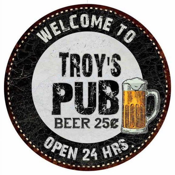 Troy's Pub 12" Round Metal Sign Beer Bar Black Wall Décor Gift 200120039117