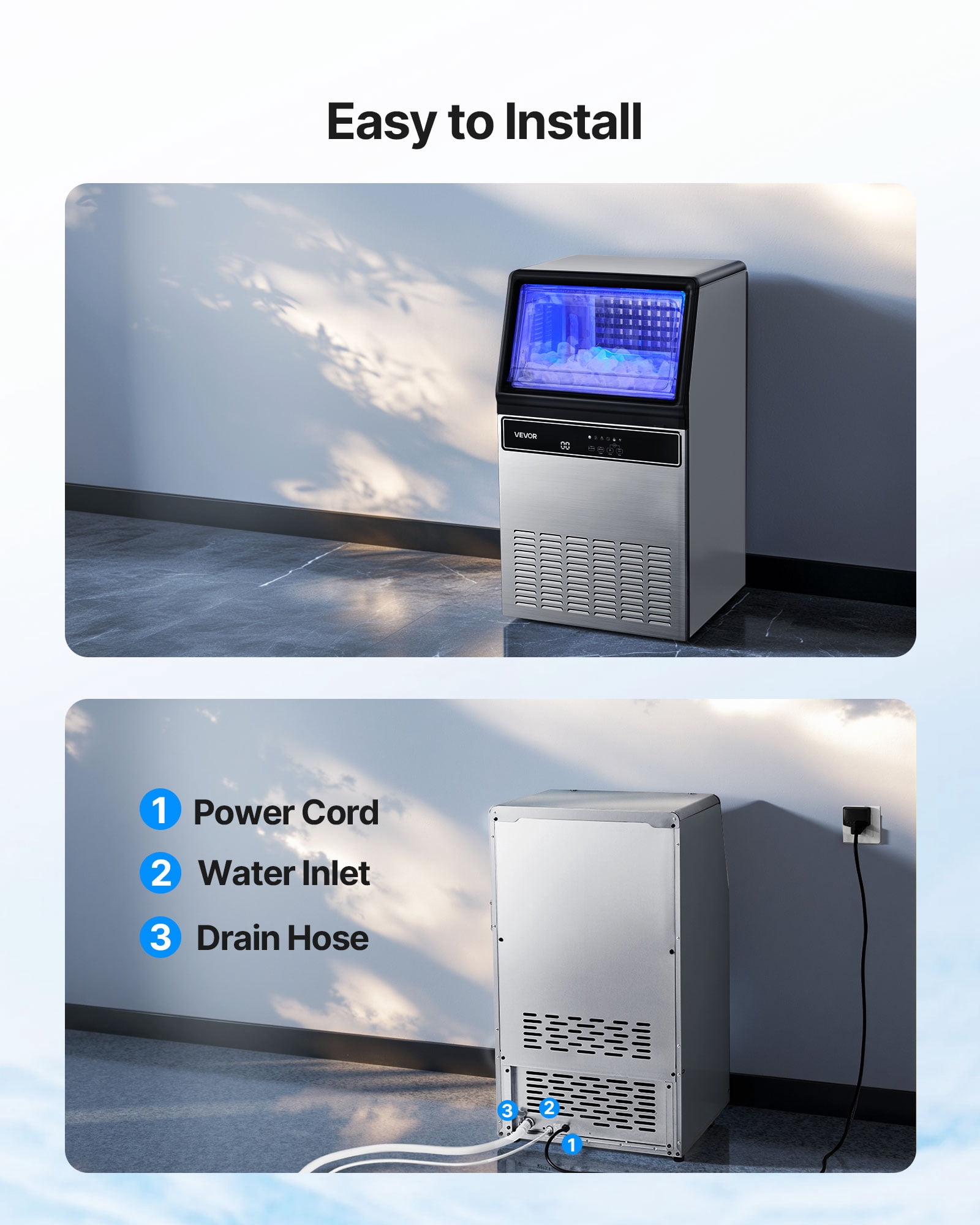 VEVOR Commercial Ice Maker Machine, 130Lbs/24H with 33Lbs Storage, 45 Cubes per Cycle, Stainless Steel Freestanding & Under Counter Ice Maker with LED Display & Self-Cleaning