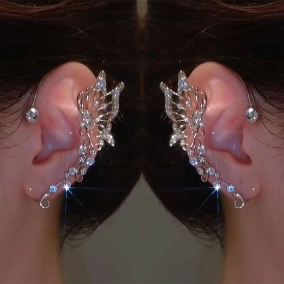 DESIGNICE 2Pcs Sparkly Rhinestone Butterfly Ear Cuff Earrings Fairy Crystal Cuffs Climber Wrap Around Non-Piercing Clip Fake Jewelry for Women