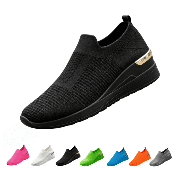 EKVAHL Knit Wedge Sneakers for Women, Breathable Mesh Slip-Ons, Orthopedic Arch Support Casual Tennis Shoes with Elastic Fit and Hidden Heel Black
