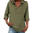 thumbnail image 3 of Aboser Button Up Henley Shirt Women Dressy Casual Cotton Linen Blouses Breathable 3/4 Length Sleeve Tunic Tops Lapel V Neck Shirts Loose Fits Plain Blouse Top, 3 of 6