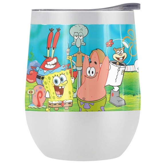 Spongebob Official Spongebob Group Scene 12 oz Stemless Tumbler, Stainless Steel Travel Cup|Lake Tumbler|Insulated with Leak Resistant Slide-Lock Lid