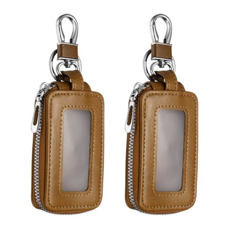 Uxcell Car Key Fob Case Genuine Leather RFID Smart Key Chain Keychain Holder with Metal Hook Keyring Zipper Bag Black