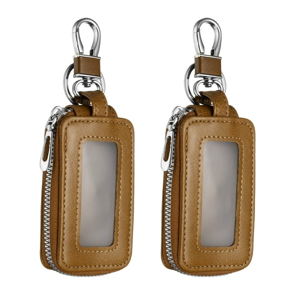 Uxcell Car Key Fob Case Genuine Leather RFID Smart Key Chain Keychain Holder with Metal Hook Keyring Zipper Bag Black