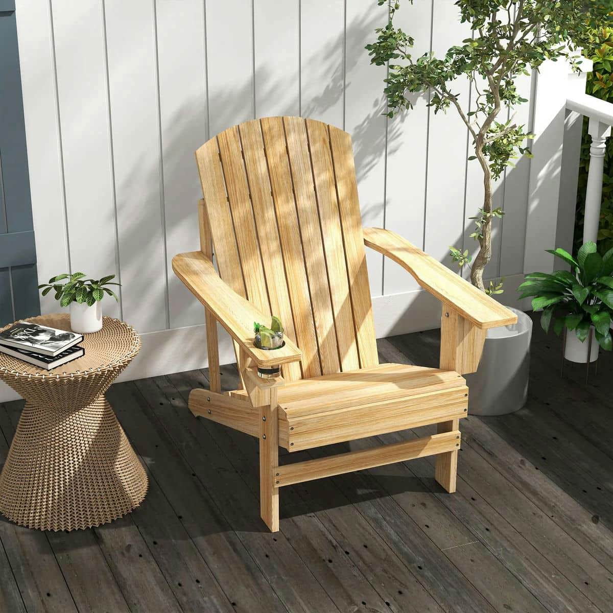 Yardi Yarda Oversized Adirondack Chair, Outdoor Porch Seating, Classic Log Lounge with Built-in Cupholder, Natural