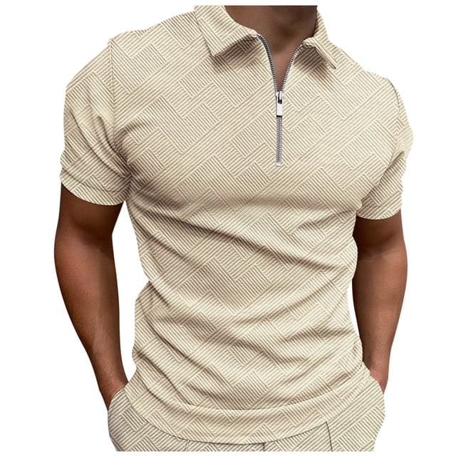 Men's Shirts - Classic Jacquard Short Sleeve Top with Geometric Print Solid Color Lapel Zip Closure for Spring and Summer