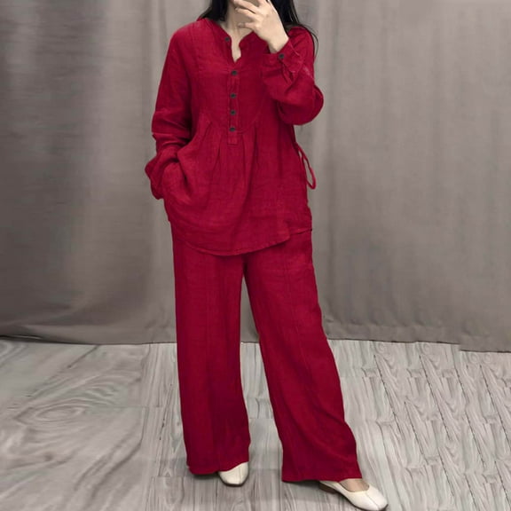 Tauxra Sleeves for Women,Womens Long Sleeve Tops,Long Sleeve Pantsuit for Women, Solid Color V Neck Button Pocket Wide Leg,Leg Sleeve for Women