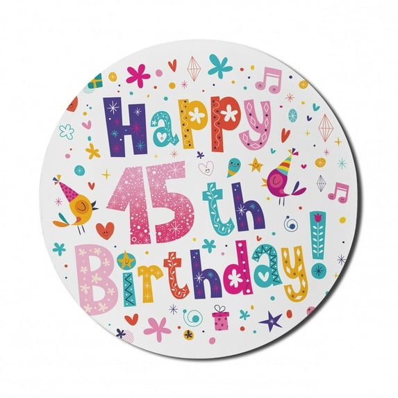 15th Birthday Mouse Pad for Computers, Girlish Design Teenager in Cartoon Style Birds and Flowers Print, Round Non-Slip Thick Rubber Modern Gaming Mousepad, 8" Round, Multicolor, by Ambesonne