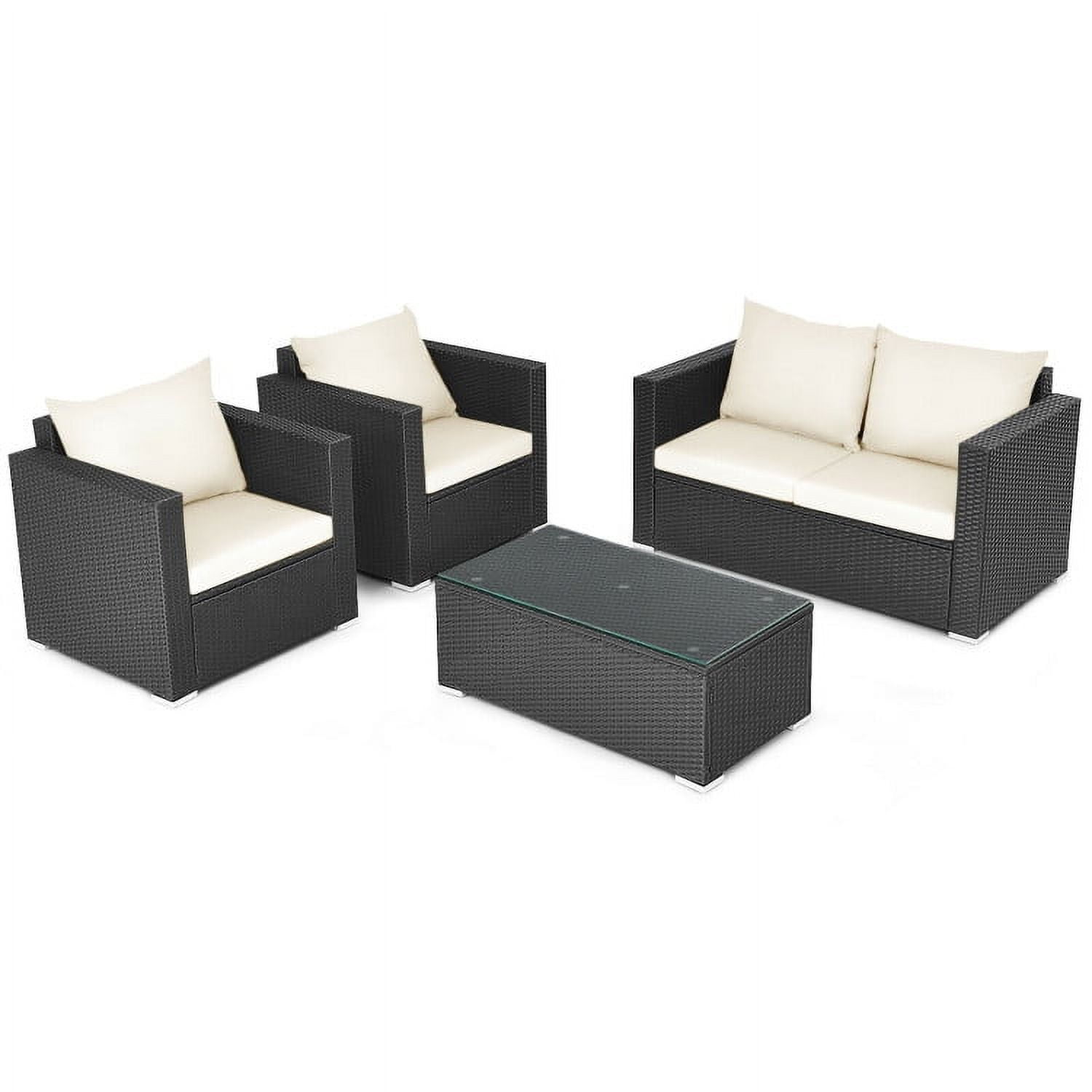 Aimee Lii 4 Pieces Patio Rattan Conversation Set, Small Patio Set with Padded Cushion and Tempered Glass Coffee Table, White Aimee Lii 4 Pieces Patio Rattan Conversation Set, Small Patio Set with Padded Cushion and Tempered Glass Coffee Table, White