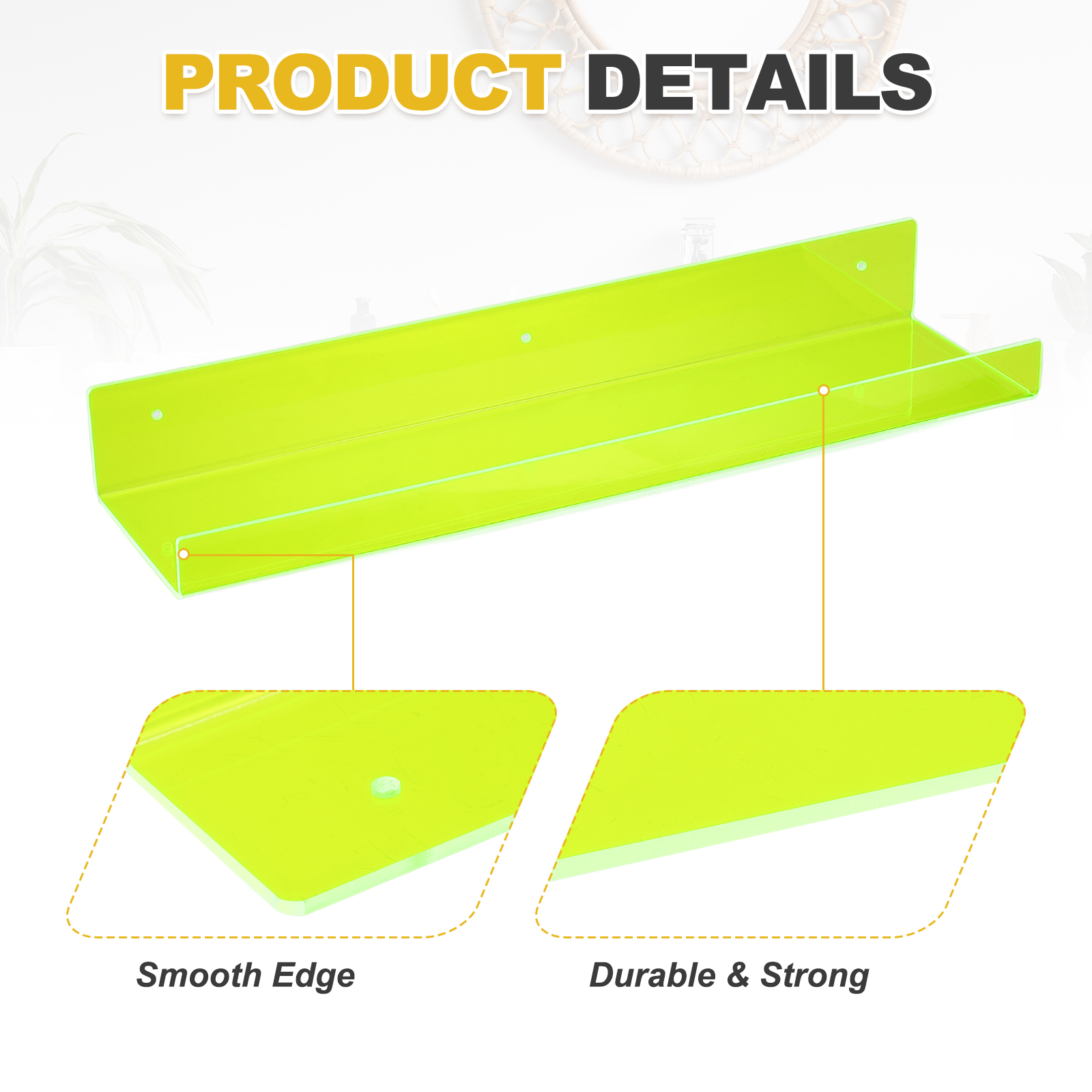 2 Pack Acrylic Shelves for Wall, 15 Inch Fluorescent Green Floating Shelves Wall Mount Display Shelf for Bathroom, Bedroom, Living Room, Room Decor