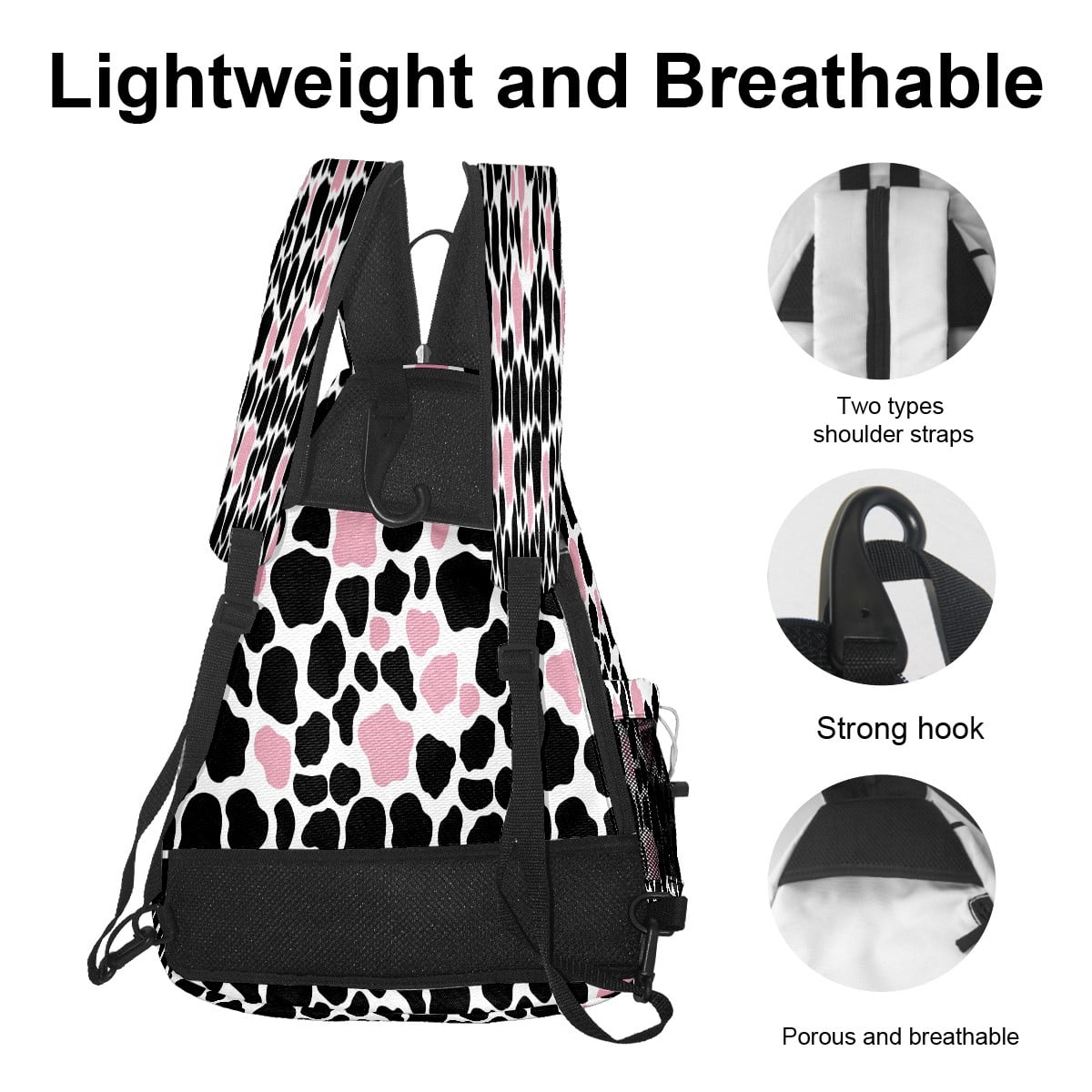 Pickleball Bags for Men Women Pickleball Backpack with Large Capacity Lightweight Adjustable Pickleball Sling Bag Hold Paddles, Balls, Accessories Cow Print Pink Black