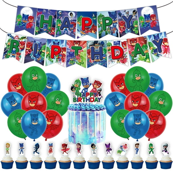 32 PCS For PJ Masks Theme Birthday Party Decorations,With 13 Cupcake Toppers,18 Balloons,1 Happy Birthday Banner Garland for Party Decorations