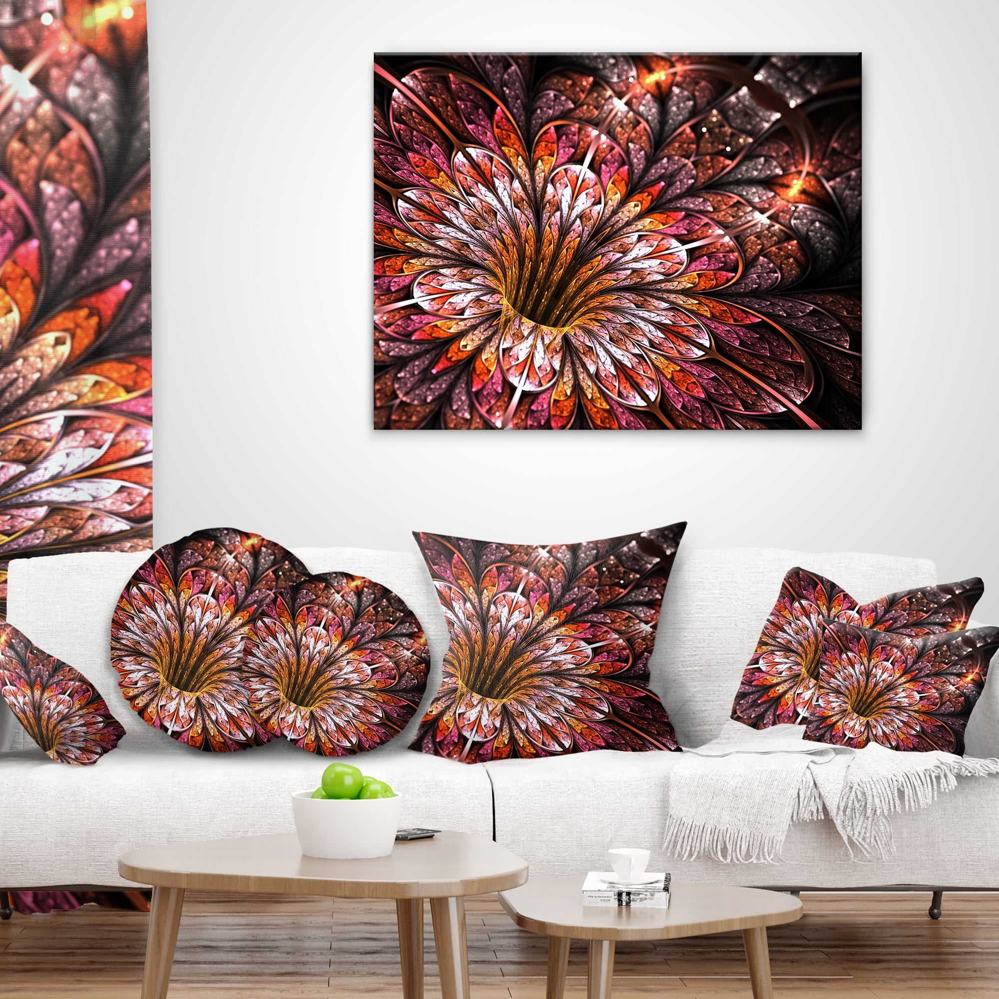 Designart Glittering Light Red Fractal Flower - Floral Throw Pillow - 16x16