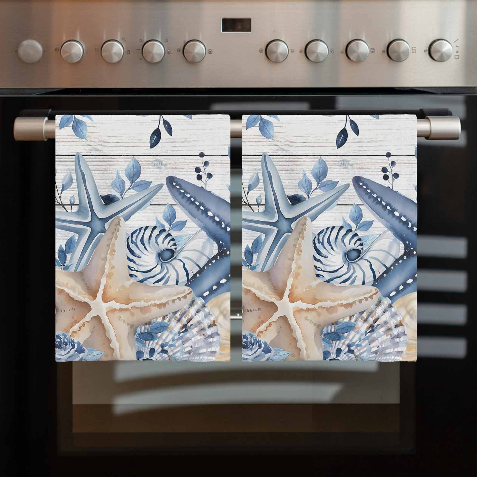 Blue Starfish Coastal Kitchen Towels Set of 4, Water Absorbent Dish Towel, Eucalyptus Summer Nautical Shell Wooden Decorative Hand Towels - Quick Drying Cloth for Cooking Baking, 18x28 Inch