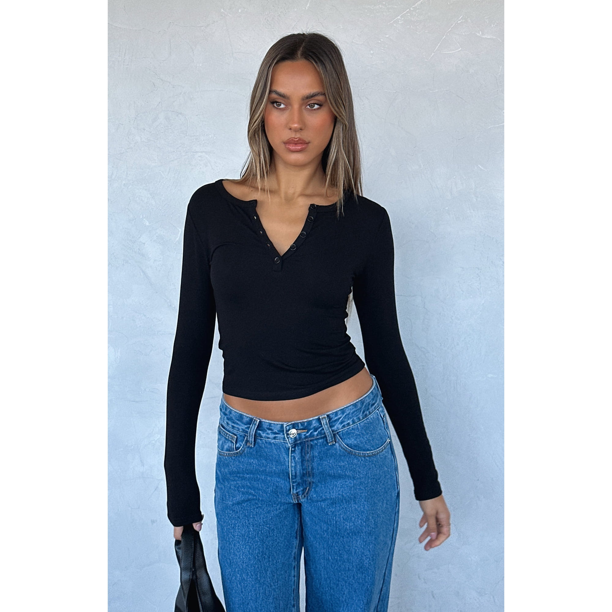 Womens V Neck Button Down Henley T Shirts Y2K Slim Fit Long Sleeve 