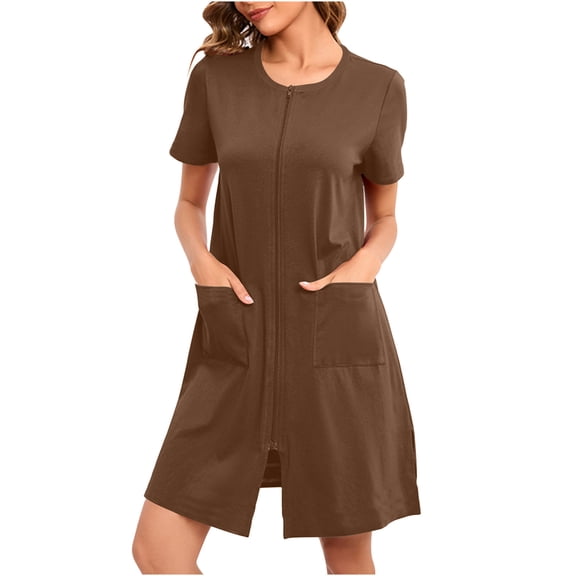 ylioge Short Sleeve Nightgowns for Women with Pockets Zipper Up Crewneck Pajama Dresses Casual Solid Slit Front Homewear Sleepshirts