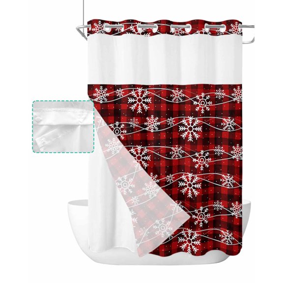 No Hook Shower Curtain with Snap in Liner, Christmas Winter Snowflake on Red Plaid Hotel Shower Curtains for Bathroom, Washable Shower Curtain Liner Set with Mesh Top Window, 60"x72"