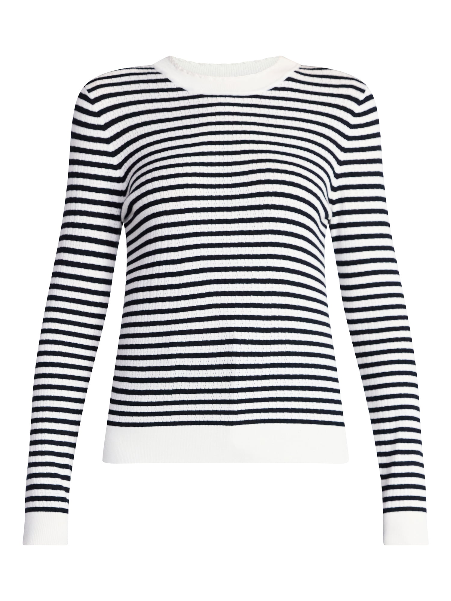 Time and Tru Women's Stripe Pointelle Rib Sweater with Long Sleeves, Lightweight, Sizes XS-XXXL