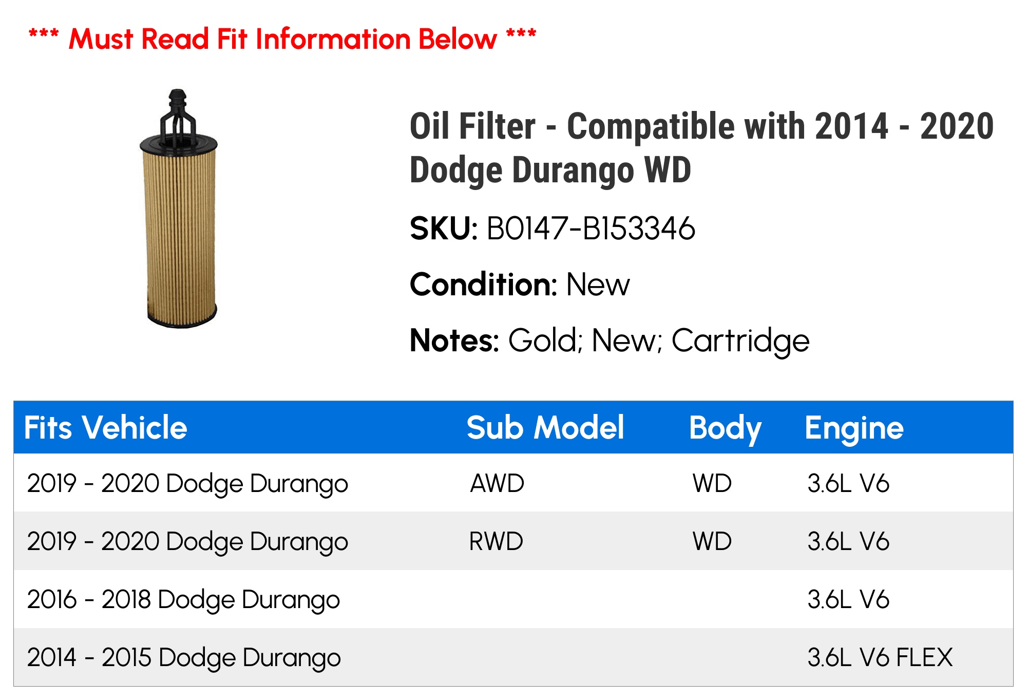 Oil Filter - Compatible with 2014 - 2020 Dodge Durango WD 2015 2016 2017 2018 2019