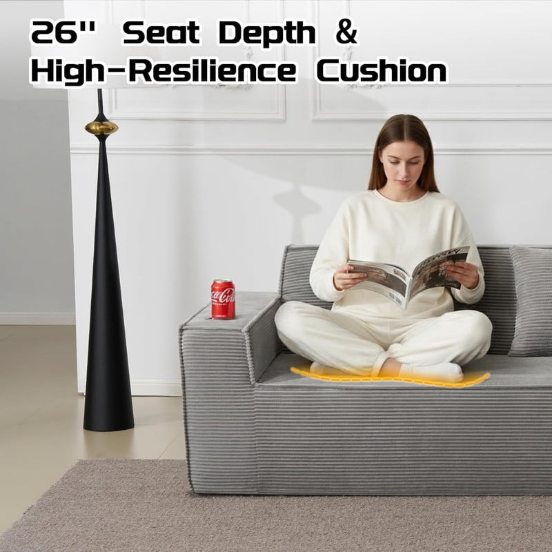 75'' Modern Boneless Loveseat Sofa Couch with 2 Cup Holders & 2 Pillows for Living Room, Corduroy Love Seat Couches with Deep Seat