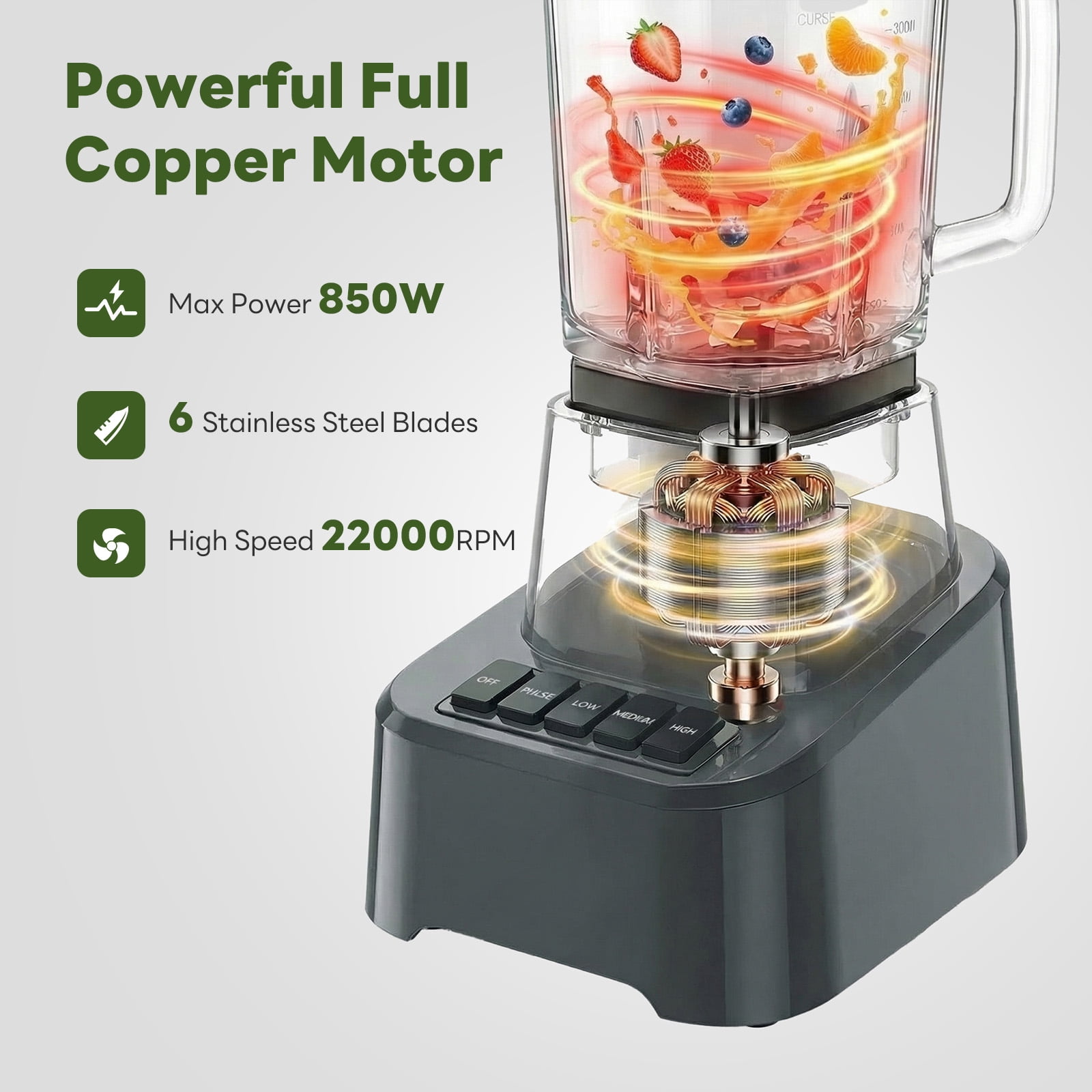 CONCETTA Professional Smoothie & Food Processing Blender, 1100W Motor, 3 Preset Functions for Frozen Drinks, Smoothies & Sauces, Large Pitcher with To-Go Cups，Gray