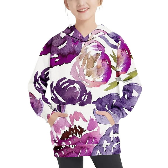 Hoodies for Girls 7/8 Floral Print Fall Fashion Hooded Sweatshirt with Pocket Kids Long Sleeve Casual Tops 4-13, Purple, 11 Years