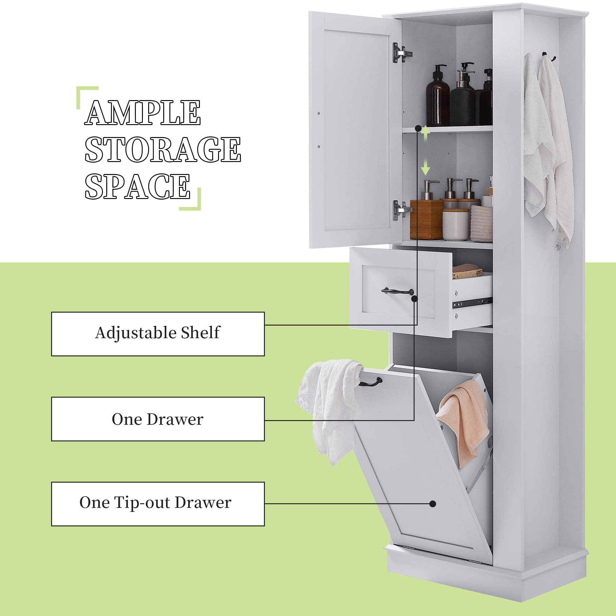 Euroco Tall Bathroom Storage Cabinet with Tilt-Out Hamper, Adjustable Shelves, Soft-Close Hinges, Side Hooks, Modern Slim Linen Tower Organizer