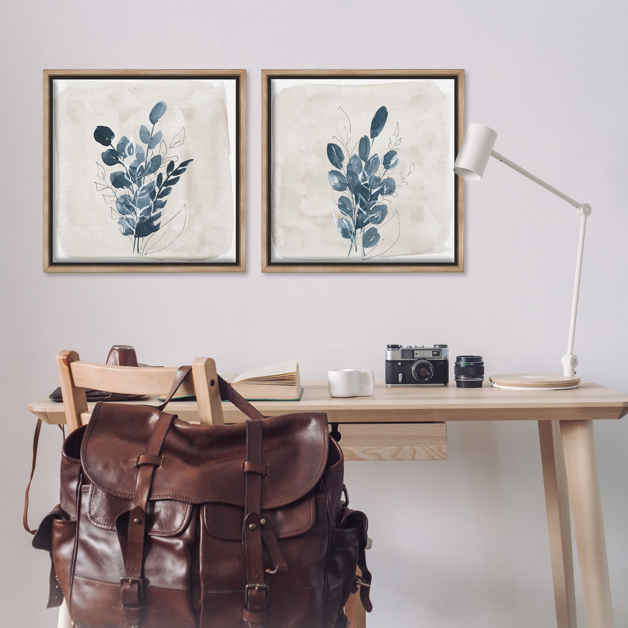 Stupell Industries Blue Summer Leaves Plants & Flowers Painting Brown Floater Framed Canvas Art Print Wall Art, 25 x 25, Set of 2