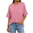 thumbnail image 2 of Women's Casual Short Sleeve Round Neck Blouse Tops Shirts Tees Solid Color Pocket Detail Loose Fit Soft for Daily Work Office Vacation Outfits Fashion Essential Gift | Sopatenor,Pink XL, 2 of 8