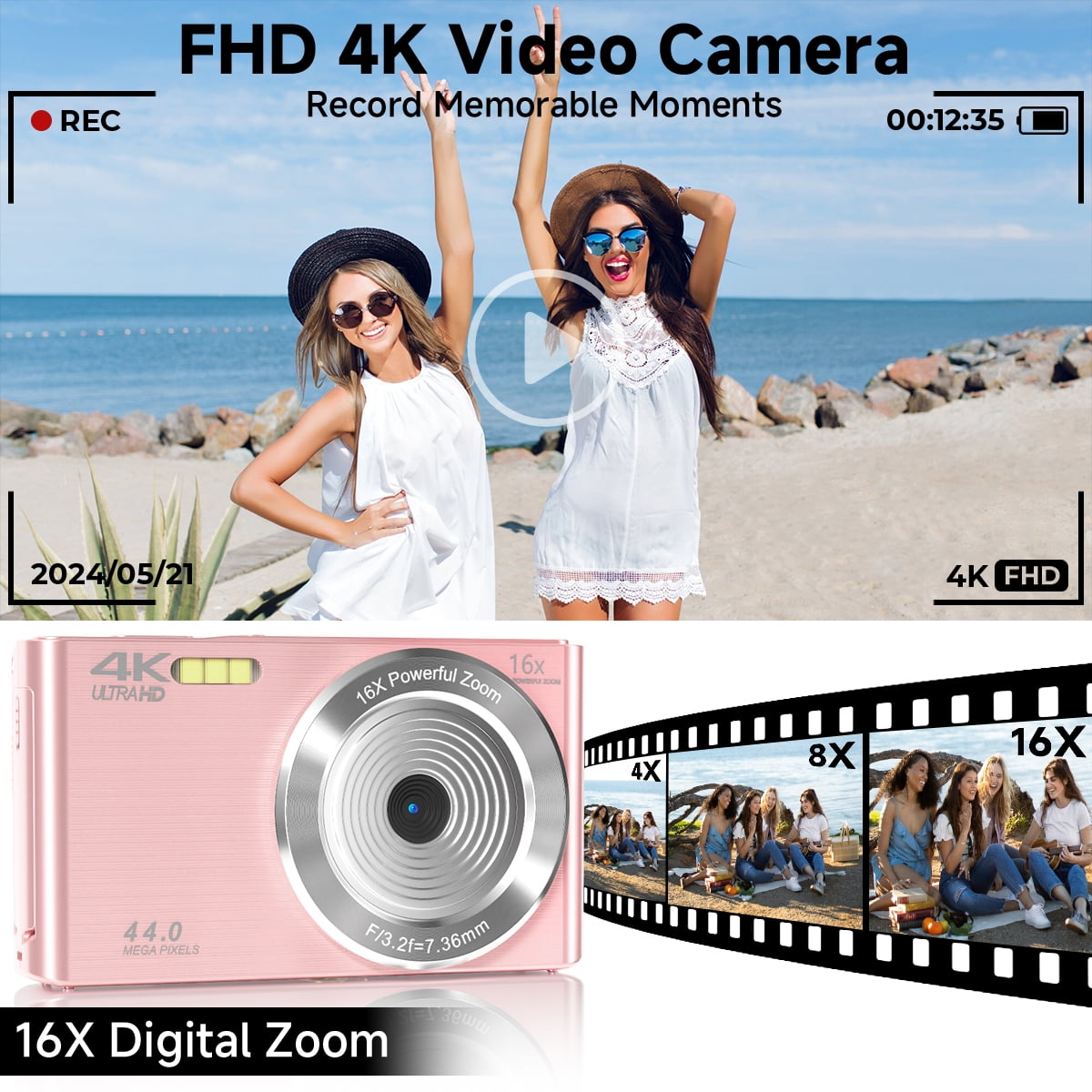 KEEPBERRY 4K Compact Digital Camera,Auto Focus 16x Zoom, 64GB TFCard, Lightweight, Pink, for Teens