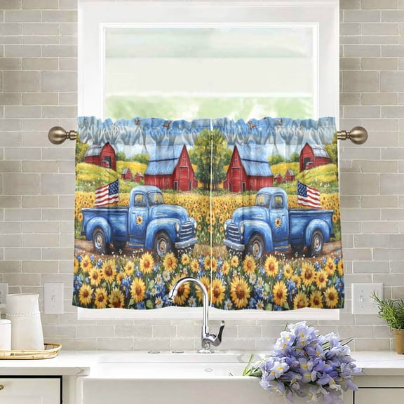 Wobogo American Flag Truck Kitchen Curtains 2 Piece Set Farmhouse Country Style Light Filtering Small Window Drapes Suitable for Bathroom Laundry Room and RV 27x24in