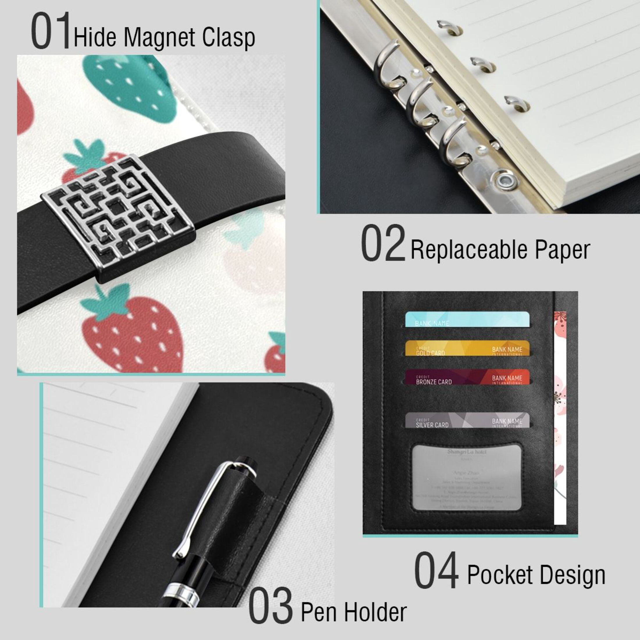 Leather Planner Leather Notebook Notebook Journal Binder Design Pen Pocket Design Convenient for Storage Strawberry Pattern Pastel