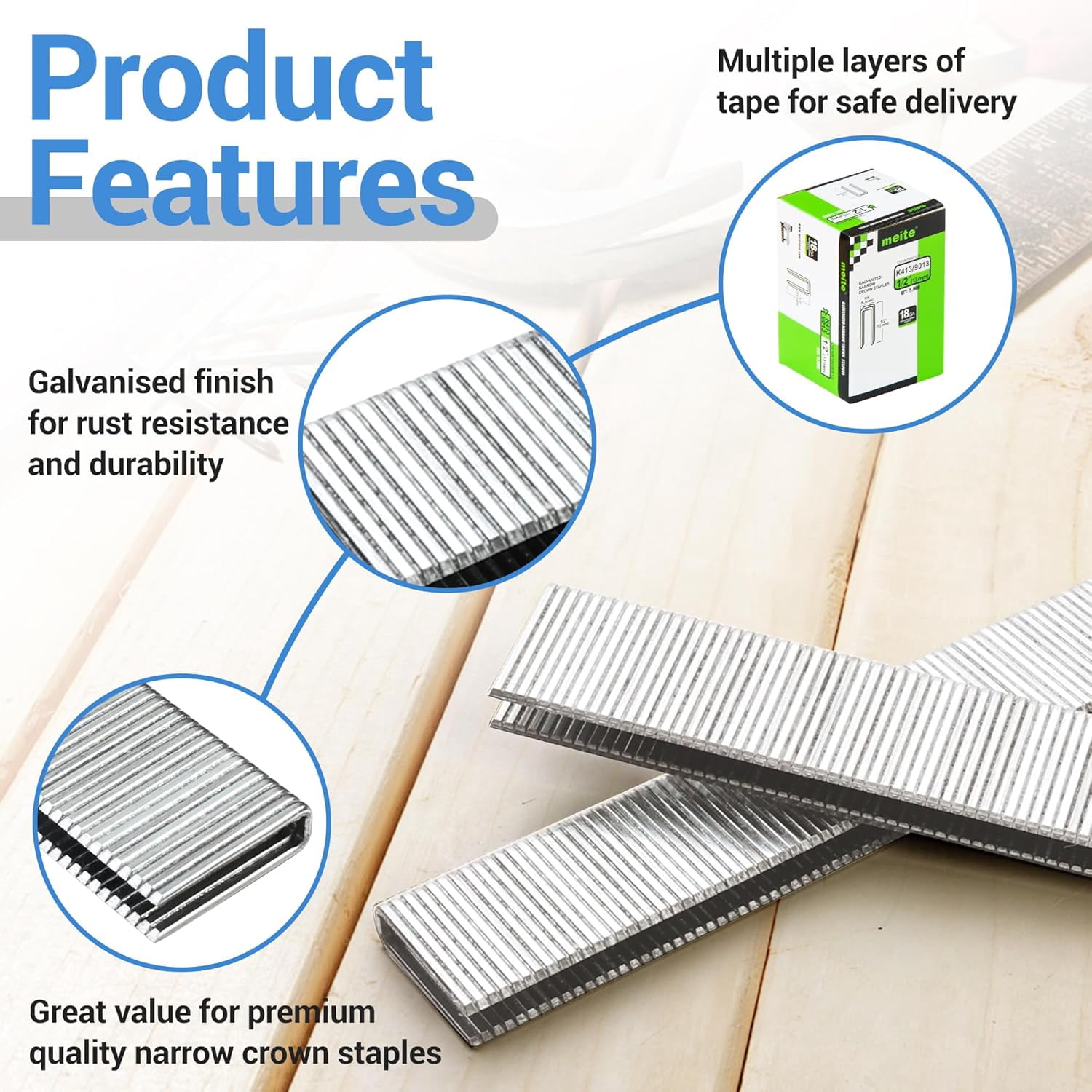 MEITE 18GA 1/4" Narrow Crown Galvanized Staples, 1/2" Length for Upholstery 8,000 Pcs/Box(10 Boxes)