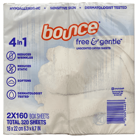 Bounce Free & Gentle Dryer Sheets, Hypoallergenic & Unscented – 320 Count – Static Control, Fabric Softener