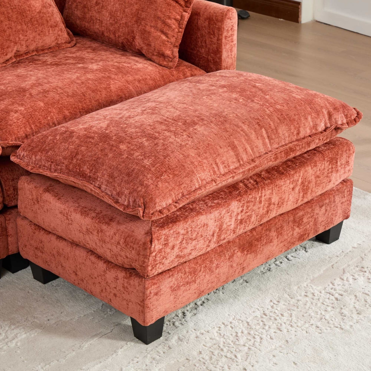 Cloud Sofa Ottoman, Modular Oversized Ottoman for Sectional Couch, Chenille Upholstered Footrest Stool for Living Room, Bedroom, Apartment, Orange